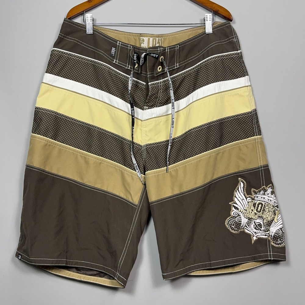 Lost Enterprises Y2K Board Shorts Mens 36 Striped Polka Dot Brown Surf Skate